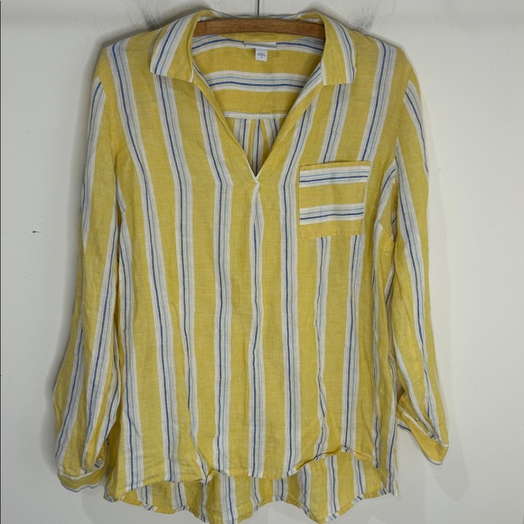J. JILL Love Linen Yellow Striped Collared Popover Top Size Medium - Picture 16 of 16